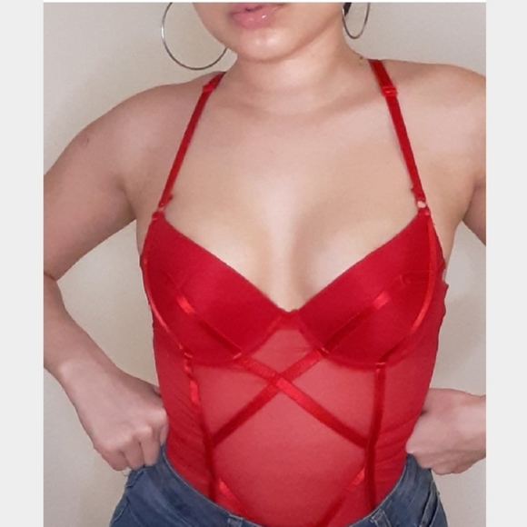 Fashion Nova Tops - Red Mesh Bodysuit